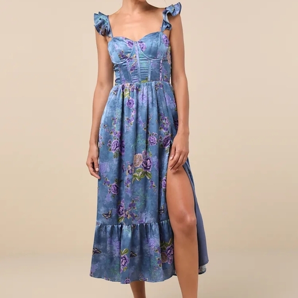 Lulu's Sweet Like Sangria Blue Floral Midi Dress with Ruffle Straps Size XXL - Picture 1 of 9